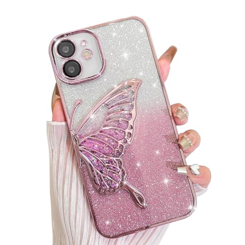 AIGOMARA Glitze für iPhone 11 Hülle, 3D Schmetterling Dreidimensional Handyhülle mit funkelnder Treibsand, Bling Farbverlauf Karte, Kameraschutz Transparent Schutzhülle für Frauen, Rosa von AIGOMARA