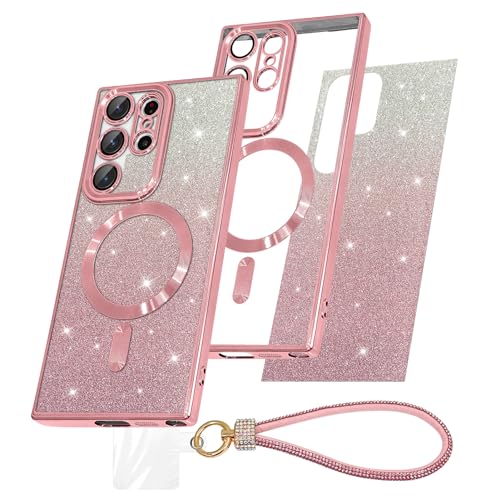 AIGOMARA Glitzer Hülle für Samsung Galaxy S23 Ultra Kompatibel mit Magsafe,Luxury Bling Handschlaufe,Glitzer Farbverlauf Karte, Kameraschutz Transparent Case Schutzhülle für Frauen Mädchen, TPU,Rosa von AIGOMARA