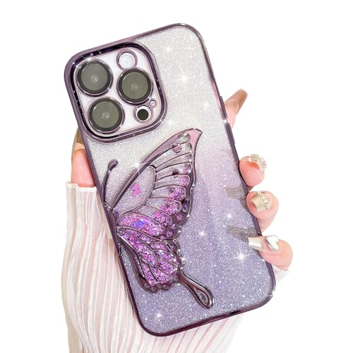 AIGOMARA Glitzer Hülle für iPhone 13 Pro Max, 3D Schmetterling Dreidimensional Handyhülle mit funkelnder Treibsand, Bling Farbverlauf Karte, Kameraschutz Transparent Schutzhülle für Frauen, Lila von AIGOMARA