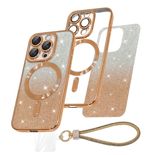 AIGOMARA Glitzer Hülle für iPhone 15 Pro Kompatibel mit Magsafe, Luxury Bling Handschlaufe, Clear Farbverlauf Karte, Kameraschutz Transparent Case Schutzhülle für Frauen Mädchen, TPU - Gold von AIGOMARA