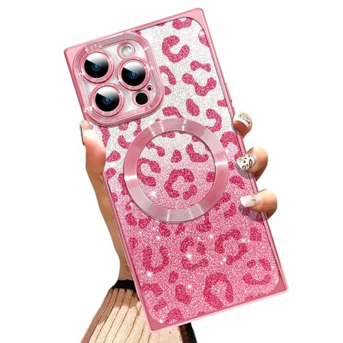 AIGOMARA Handyhülle für iPhone 13 Pro Max [Kompatibel mit MagSafe] Leopardenmuster Design Glitzer Bling Case Stoßfest Kratzfest Weiche TPU Cover für Frauen - Rosa von AIGOMARA