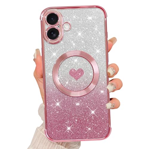 AIGOMARA Magnetisch für iPhone 16 6,1 Zoll [Kompatibel mit Magsafe] Plating Herz Glitzer Bling Magnetische Hülle, Luxus Sparkly Stoßfest Kameraschutz Handyhülle für Frauen Mädchen Rosa von AIGOMARA