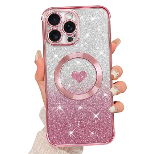 AIGOMARA Magnetisch für iPhone 16 Pro 6,3 Zoll [Kompatibel mit Magsafe] Plating Herz Glitzer Bling Magnetische Hülle, Luxus Sparkly Stoßfest Kameraschutz Handyhülle für Frauen Mädchen Rosa von AIGOMARA