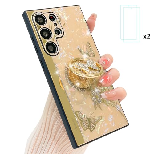 AIGOMARA Samsung Galaxy S24 Ultra Glitzer Ständer Hülle, Cute Schmetterling Bling Diamant Design Handyhülle mit Butterfly Ring, Marmor Perlmutt Muschel Blumen Muster Schutzhülle,TPU Stoßfänger, Gold von AIGOMARA