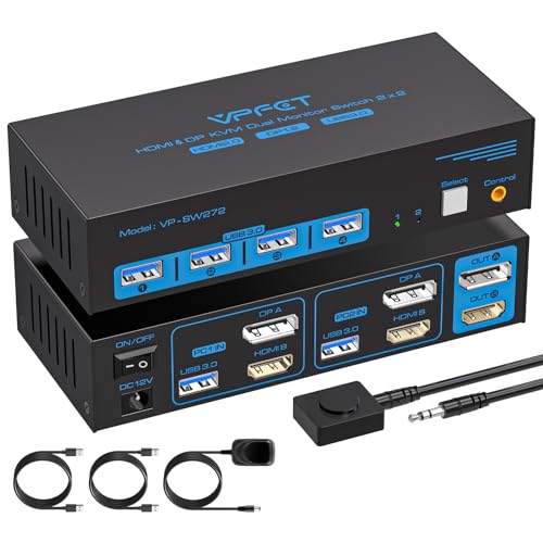 AILVLVNG HDMI Displayport KVM Switch 2 PC 2 Monitore 4K@60Hz USB 3.0 KVM-Switches für 2 PC teilen sich 2 Monitor und 4 USB 3.0-Anschlüsse, Inklusive 12V 1A Adapter und Desktop-Controller von AILVLVNG