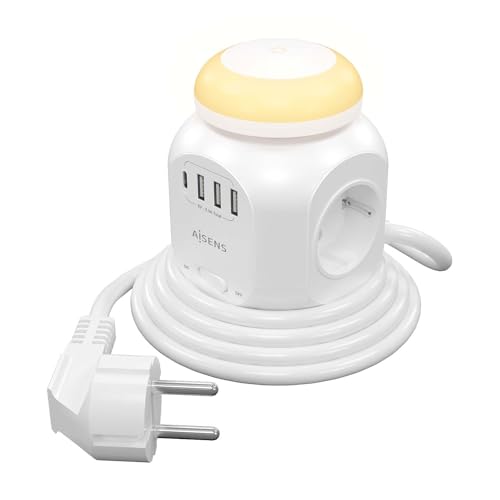 Regleta Con interruptor y luz nocturna aisens asps-3a1cl01-w/ 4 Tomas de corriente/1 USB tipo-c/ 3 USB/Cable 1.8m/ Blanco von AISENS