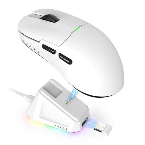 AJAZZ AJ159P Superlight Kabellose Gaming-Maus mit Magnetischer Ladestation, Ultraleicht 56g, Pixart PAW3395 Sensor, 26000 DPI, 2,4GHz/Kabelgebunden, 6 Programmierbare Tasten, für PC/MAC (weiß) von AJAZZ