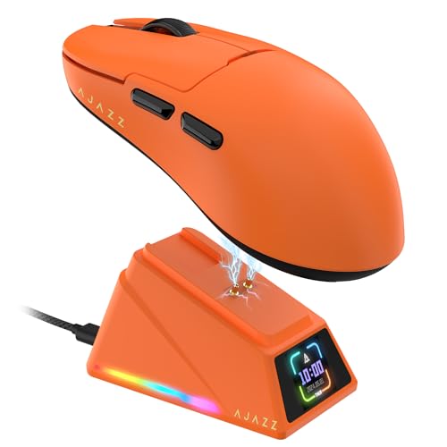 AJAZZ AJ159 APEX 8K Kabellose Gaming-Maus, Magnetische Ladestation mit Screen, Pixart PAW3950 Sensor,Bis zu 42000 DPI, 56g Ultraleicht, 100M Klicks HUANO-Schalter,Tri-Mode Mäuse, für PC/MAC (Orange) von AJAZZ