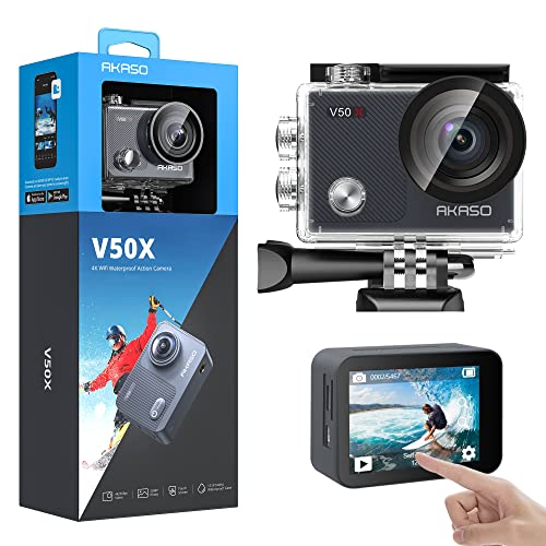 AKASO Action Cam 4K30FPS 20MP WiFi Unterwasserkamera 40M EIS Anti-Shake Action Kamera 4X Zoom mit Touchscreen, Fernbedienung, Sportkamera Wasserdicht Gehäuse,Helmzubehör-Kit V50X von AKASO