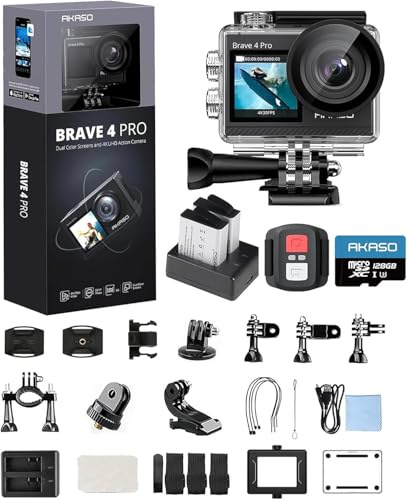 AKASO Brave 4 Pro Action Cam 4K30FPS 20MP mit 128GB U3 Speicherkarte 40M Unterwasserkamera Ultra HD Touchscreen 170 ° Weitwinkel, EIS Stabilisierung, 5X Zoom, 2.4G Fernbedienung und 2 Akkus 1350mAh von AKASO