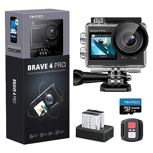 AKASO Brave 4 Pro Action Cam 4K30FPS 20MP mit 64GB U3 Speicherkarte 40M Unterwasserkamera Ultra HD Touchscreen 170 ° Weitwinkel, EIS Stabilisierung, 5X Zoom, 2.4G Fernbedienung und 2 Akkus 1350mAh von AKASO