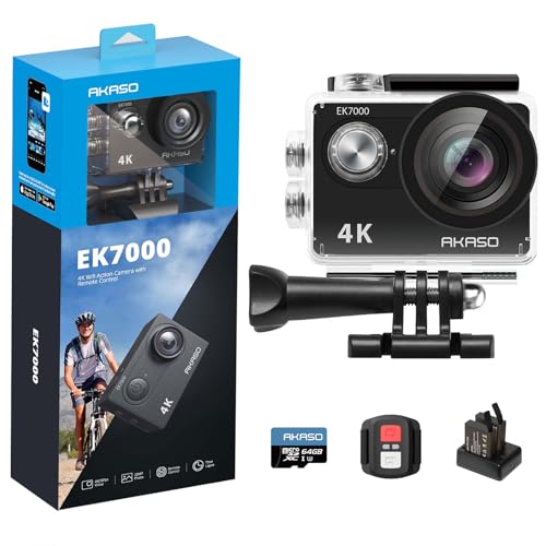 AKASO EK7000 Action Cam 4K30FPS mit 64GB microSDXC Speicherkarte Unterwasserkamera 170°Ultra Weitwinkel Full HD Sportcamera mit 2 Zoll LCD Bildschirm 2.4G Fernbedienung von AKASO
