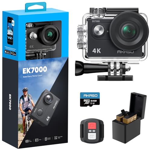 AKASO EK7000 Action Cam 4K30FPS mit 64GB microSDXC Speicherkarte Unterwasserkamera 170°Ultra Weitwinkel Full HD Sportcamera mit 2 Zoll LCD Bildschirm 2.4G Fernbedienung von AKASO