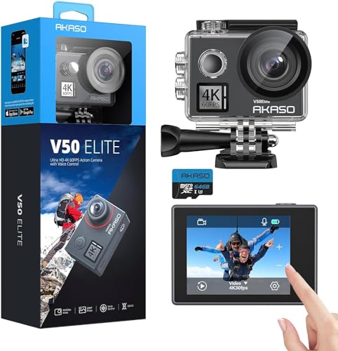 AKASO V50 Elite Action-Kamera + 64 GB microSD-Speicherkarte – 4K/60fps Touchscreen, WiFi, Action-Kamera, Sprachsteuerung, EIS 40 m wasserdichte Kamera, verstellbarer Blickwinkel, 8-facher Zoom, Kamera von AKASO