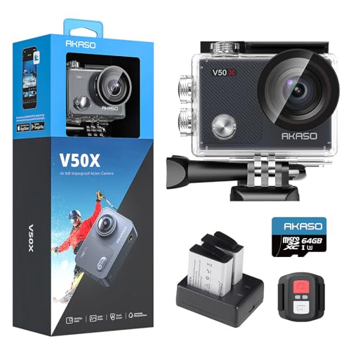 AKASO V50X Action Cam 4K30FPS mit 64GB U3 Speicherkarte Unterwasserkamera WiFi 40M EIS Anti-Shake Action Kamera 4X Zoom mit Touchscreen, Fernbedienung, Sportkamera Wasserdicht Gehäuse,Helmzubehör von AKASO
