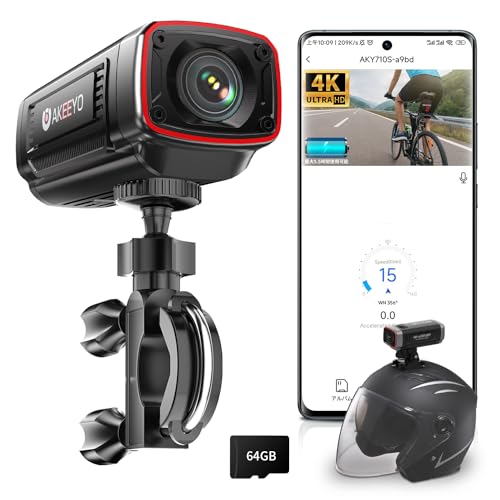 AKEEYO AKY-710S Motorrad Dashcam, 4K Action Cam, 142° Weitwinkel, GPS, 24Hrs G-Sensor Parkmonitor, IP66 wasserdichte Helmkamera Motorrad Kamera für Motorrad & Fahrrad, 64GB-Karte Enthalten von AKEEYO