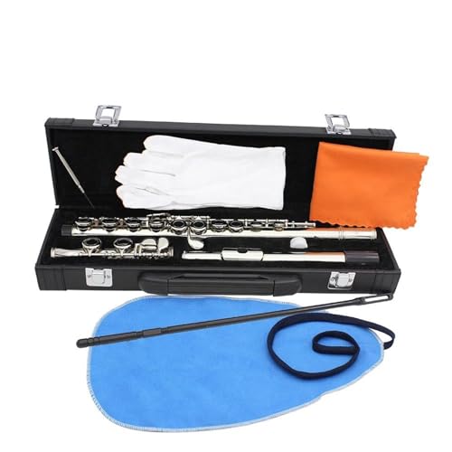 offene Flöte Flöte 16 Geschlossene Offene Löcher C-Tonart Professionelle Querflöte Holzblasinstrument Anfänger Lederbox-Sets(660 Silvery) von ALFAAL