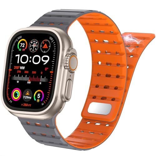 ALFARAY Magnetische Armband Kompatibel mit Apple Watch Armband 49mm 45mm 44mm 42mm, Starke Silikon Magnetische Sport Atmungsaktiv Band für iWatch Ultra 2 1 Series 9 8 7 SE 6 5 4 3 2 1, Grau/Orange von ALFARAY
