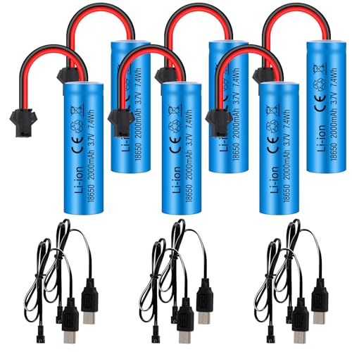 6 Stück 2000mAh 3,7V Li-Ion Akku, 18650 Akku 3,7vV with 6 USB Ladekabel SM-2P Stecker Wiederaufladbare RC Batterie für Ferngesteuertes Auto Panzer Autos, Roboter von ALFFREUDE