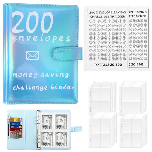 ALLOMN Geldsparbinder Budget Planner, 200 Umschläge A5 Geldspar Ordner Budget Ordner Geldspar Brieftasche mit Challengers Tracker + Taschen Sparbuch, Spar-Herausforderung Budget Planner Binder (Blau) von ALLOMN