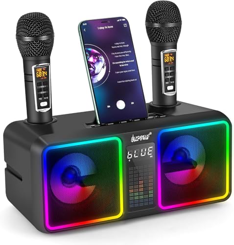 ALPOWL AL001 Karaoke Maschine für Kinder und Erwachsene mit 2 drahtlosen UHF-Mikrofonen, tragbares Bluetooth-Lautsprecher-PA-System mit LED-Lichtern für Heimparty, Hochzeit, Picknick, draußen/innen von ALPOWL