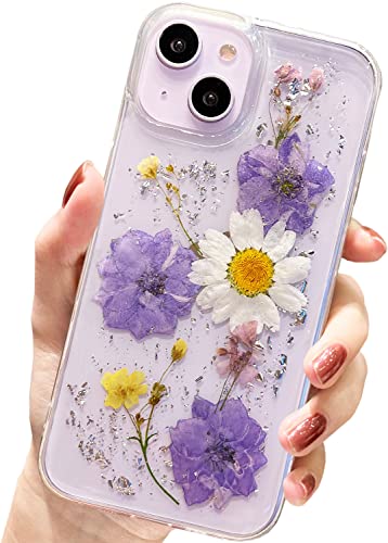 AMART Kompatibel mit iPhone 14 Hülle Blumen,Klare Echte Getrocknete Blumen HandyHülle Durchsichtig Glitzer Muster Aesthetic Weich TPU Frauen Mädchen Schutzhülle für iPhone 14 (6,1"NUR)(3 Blaue Blume) von AMART