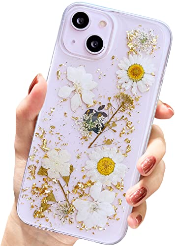 AMART für iPhone 13 Hülle Blumen, Durchsichtig Echte Getrocknete Blumen HandyHülle Klare Transparente Glitzer Aesthetic Weich Silikon Frauen Mädchen Schutzhülle für iPhone 13(6,1"NUR)(Goldene Blume) von AMART