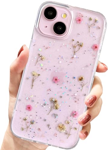 AMART für iPhone 15 Plus/iPhone 14 Plus Hülle Blumen, Durchsichtig Handyhülle mit Echte Getrocknete Blumen Hülle,Klare mit Glitzer Motiv Weich Silikon Schutzhülle für iPhone 15 Plus/14 Plus(Rosa) von AMART