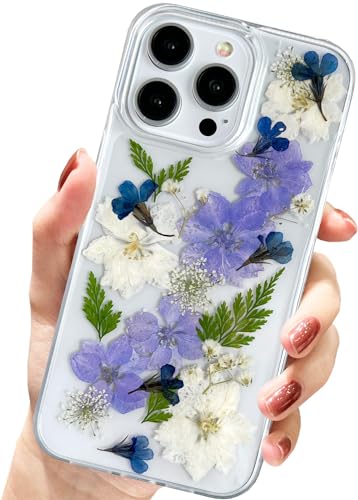 AMART für iPhone 15 Pro Max Hülle Blumen, Durchsichtig Handyhülle mit Echte Getrocknete Blumen Hülle,Klare mit Glitzer Motiv Weich Silikon Schutzhülle für iPhone 15 Pro Max(Navy Blumen) von AMART