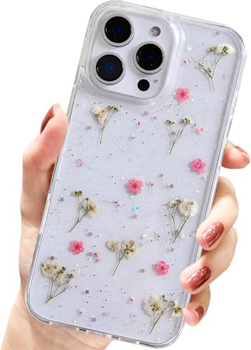 AMART für iPhone 16 Pro Max Hülle Blumen, Durchsichtig Handyhülle mit Echte Getrocknete Blumen Hülle,Klare mit Glitzer Motiv Weich Silikon Schutzhülle für iPhone 16 Pro Max(Rosa) von AMART