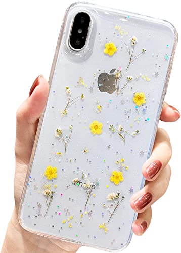 AMART für iPhone X/iPhone XS Hülle Blumen, Durchsichtig Echte Getrocknete Blumen HandyHülle Klare Glitzer Aesthetic Weich Silikon Mädchen Schutzhülle für iPhone X/XS(5,4"NUR)(Gelb Schleierkraut) von AMART