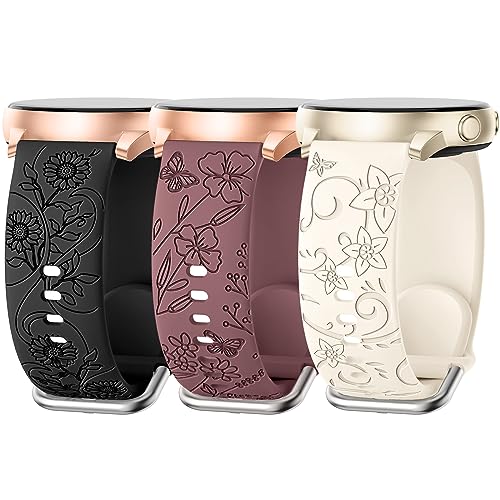 AMSKY 3 Stück Floral Gravierte Armband Kompatibel mit Samsung Galaxy Watch 7/6/5/4 40mm 44mm, Watch 6/4 Classic 43mm 47mm 42mm 46mm, Watch 5 Pro 45mm, Watch 3 41mm, 20mm Silikon Armbänder für Damen von AMSKY