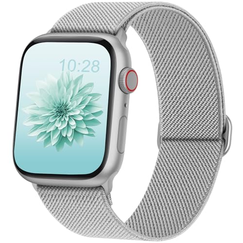 AMSKY Elastisch Solo Loop Band Kompatibel mit Apple Watch Armband 40mm 45mm 44mm 46mm 42mm 41mm 38mm 49mm Damen Herren, Textil Stoff für iWatch Armband Se Ultra Series 10 9 8 7 6 5 4 3 2 1, Hellgrau von AMSKY