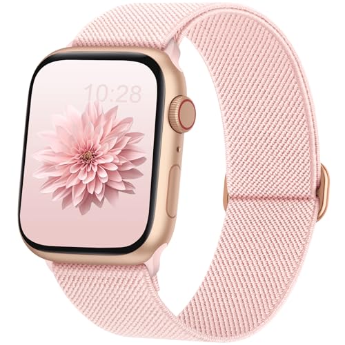 AMSKY Elastisch Solo Loop Band Kompatibel mit Apple Watch Armband 40mm 45mm 44mm 46mm 42mm 41mm 38mm 49mm Damen Herren, Textil Stoff für iWatch Armband Se Ultra Series 10 9 8 7 6 5 4 3 2 1, Rosa von AMSKY