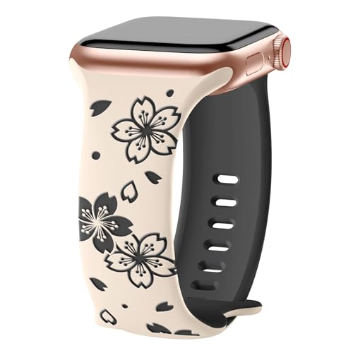 AMSKY Flower Band Kompatibel mit Apple Watch Armband 40mm 46mm 41mm 38mm 42mm 45mm 44mm Damen, Graviert Silikon Armbänder mit Blumen Floral Muster Kompatibel mit iWatch Armband Se 10 9 8 7 6 5 4 3 2 1 von AMSKY