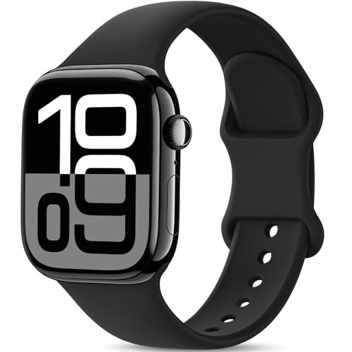 AMSKY Silikon Sport Armbänder Kompatibel mit Apple Watch Armband 40mm 42mm 46mm 44mm 45mm 41mm 38mm, Damen Herren Weiche Wasserdicht Gummi Band für iWatch Series 10 9 8 7 6 5 4 3 2 1 Se, Schwarz von AMSKY