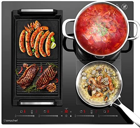 Induktionskochfeld 60 cm, AMZCHEF Induktionskochfeld 4 Zonen mit zwei Flexzonen, Leisem Betrieb (42dB), 9 Leistungsstufen und Booster, Pausenfunktion und Warmhalten, 7400W, BBQ Funktion von AMZCHEF