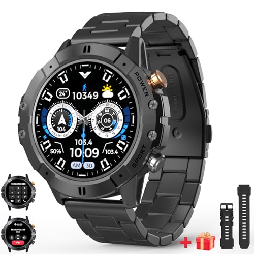 Military Smartwatch Herren mit Telefonfunktion, 1.52'' rundes HD Display Fitness Tracker mit Schlaf Monitor Ai 1ATM wasserdicht,120+ Sport Modi Metallarmband herrenuhren Fitnessuhr für Android IOS von AMZSA