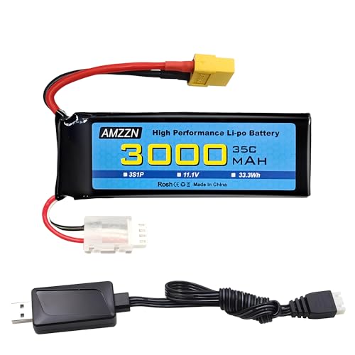 AMZZN 11.1V 3000mAh 35C 3S XT60 Stecker Lipo Batterie mit USB Ladekabel für RC Auto LKW Fernbedienung Schiff RC Drohne Quadcopter Hubschrauber FPV Drohne von AMZZN