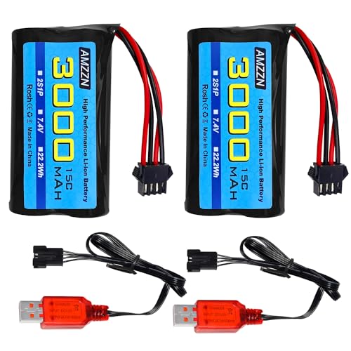 AMZZN 2 Stück 7,4 V 3000 mAh 15 C 2S SM-4P Li Ion Stecker Batterie mit USB-Ladegerät für EC08 DE85 RC Auto, LKW RC Schiff Fernbedienung Drohne Technik Fahrzeug Ersatzbatterie von AMZZN