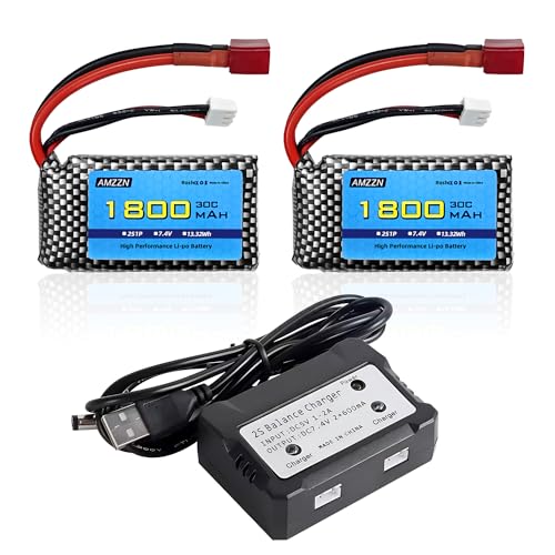 AMZZN 2 Stück 7,4V 2S 1800mAh 30C Lipo Akku T Stecker mit Ladegerät 2-in-1 geeignet für WLTYOS K929-B A959-B 12401 9200 9200E 300E YC200 HM123 1/10, 1/12, Verhältnis 1/16 RC Auto und Lastwagen von AMZZN