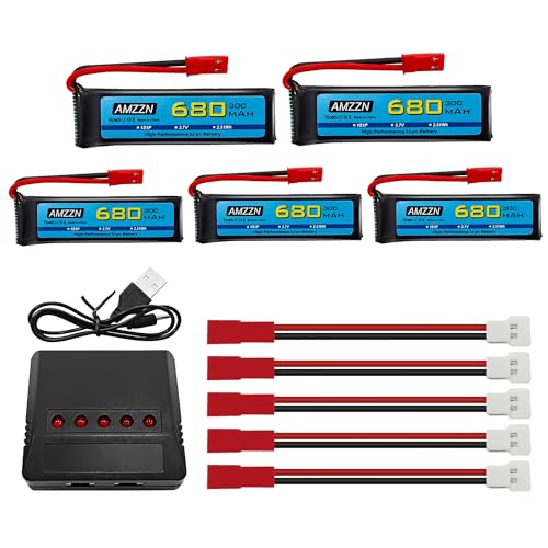 AMZZN 5 Stück 3,7 V 680 mAh 1S Lipo Akku JST Stecker mit Ladegerät 5-in-1 geeignet für UDI U817 U818A V959 V222 V929 S032 Drohne, Fernsteuerung, vier Achsen Flugzeug-Backup-Batterie von AMZZN