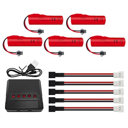 AMZZN 5 Stück 3.7V 3000mAh Lithium-Ionen-Batterien mit SM-2P-Stecker und 5-in-1-Ladegerät, geeignet für DE42, DE44, DE45, DE68 RC-Fahrzeuge, Lastwagen, Spielzeug, Off-Road-Rennbatterien von AMZZN