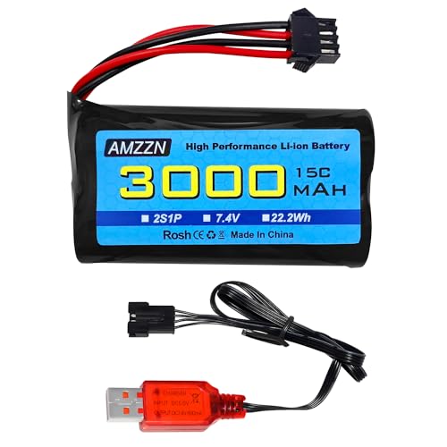 AMZZN 7,4V 3000mAh 15C 2S SM-4P Li-Ion Akku mit USB-Ladegerät für EC08 DE85 RC Auto, LKW RC Schiff Fernbedienung Drohne Technik Fahrzeug Ersatzbatterie von AMZZN