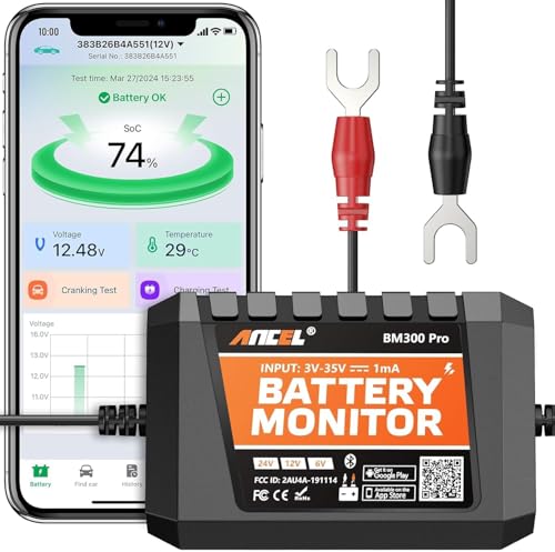 (Upgraded BM300) ANCEL BM300PRO 6V 12V 24V KFZ Batteriemonitor - Bluetooth 5.3 Auto Batterie Überwachung mit Lade-, Startsystemtest & Alarm, IP67 Wasserdicht Batteriewächter für LKW Auto Motorrad von ANCEL