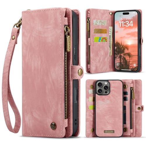 ANROD Leder Flip Wallet Hülle für iPhone 16 Pro Max -Abnehmbarer Magnetverschluss, 2-in-1 Schockresistente Stoßfestes Reißverschlusstasche Handyhülle mit Kartenfächern Case (Rosa) von ANROD