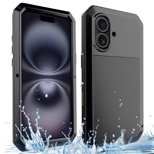 ANROD für iPhone 16 Ganzkörper Robuste Hülle, Stoßfestes Wasserdichtes Hartschalen Aluminium Gehärtetes Glas Military Heavy Duty Schutzhülle für iPhone 16 (Schwarz) von ANROD