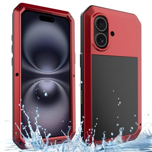 ANROD für iPhone 16 Plus Ganzkörper Robuste Hülle, Stoßfestes Wasserdichtes Hartschalen Aluminium Gehärtetes Glas Military Heavy Duty Schutzhülle für iPhone 16 Plus (Rot) von ANROD