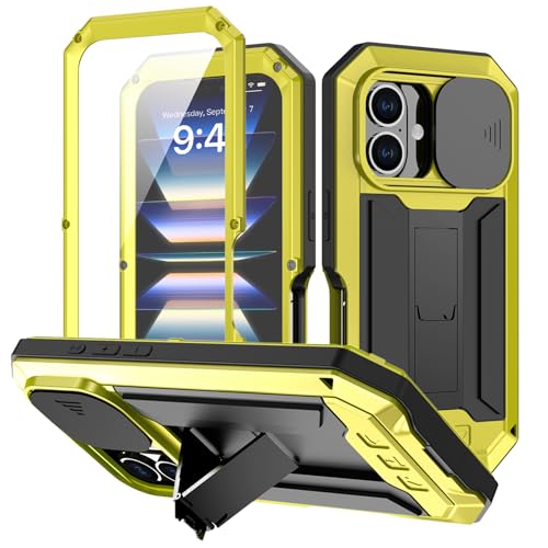 ANROD für iPhone 16 Plus Stoßfeste Hülle, Hartschale Aluminium Metall Gorilla Glas Military Heavy Duty Robuste Schutzhülle für iPhone 16 Plus, mit Objektivschutzkappe (Gelb) von ANROD