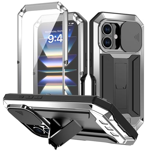 ANROD für iPhone 16 Plus Stoßfeste Hülle, Hartschale Aluminium Metall Gorilla Glas Military Heavy Duty Robuste Schutzhülle für iPhone 16 Plus, mit Objektivschutzkappe (Grau) von ANROD